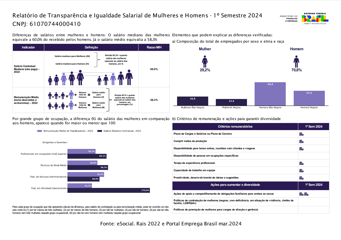 Relatório de Transparência e Igualdade Salarial de Mulheres e Homens – 1º Semestre de 2024 Relatório de Transparência e Igualdade Salarial de Mulheres e Homens - 1º Semestre de 2024